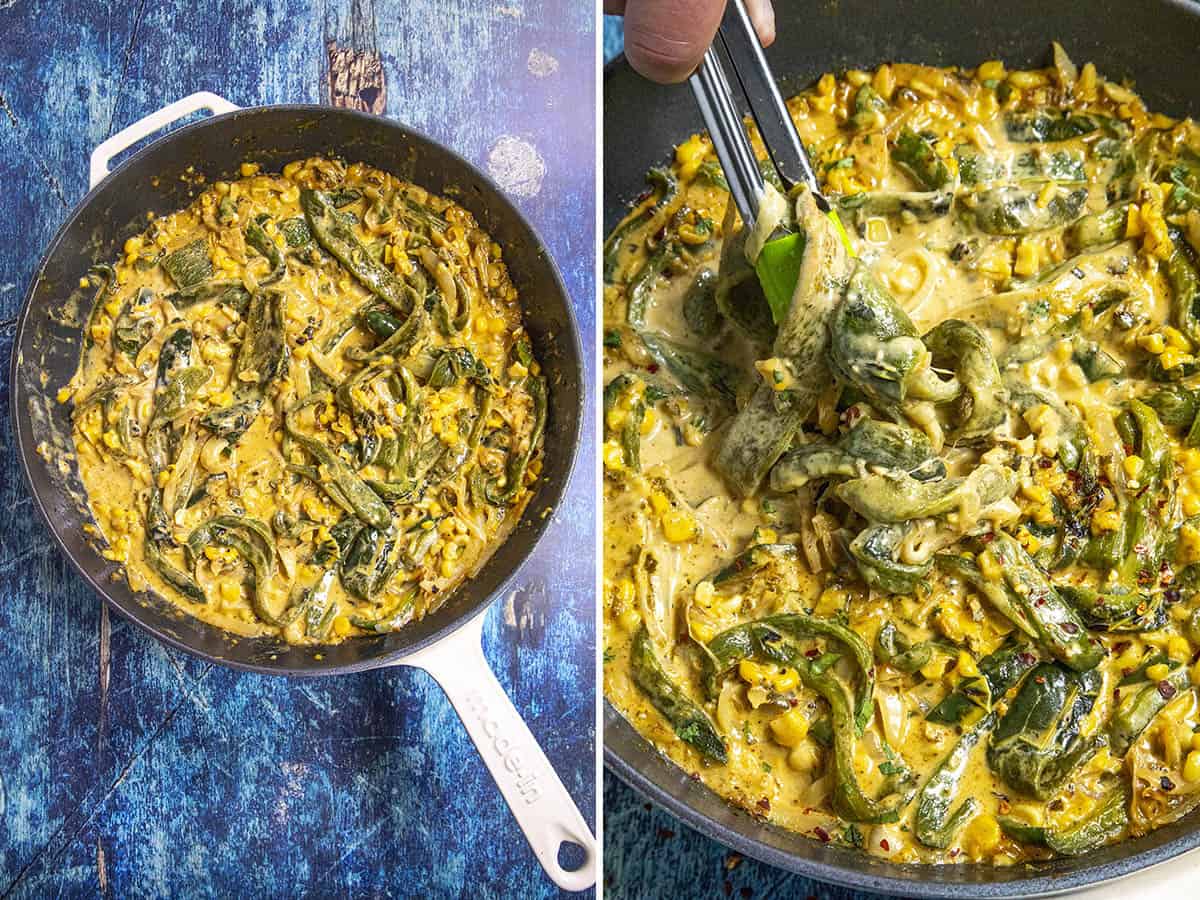 Stirring in the cream and scooping out some Rajas Poblanas from the pan
