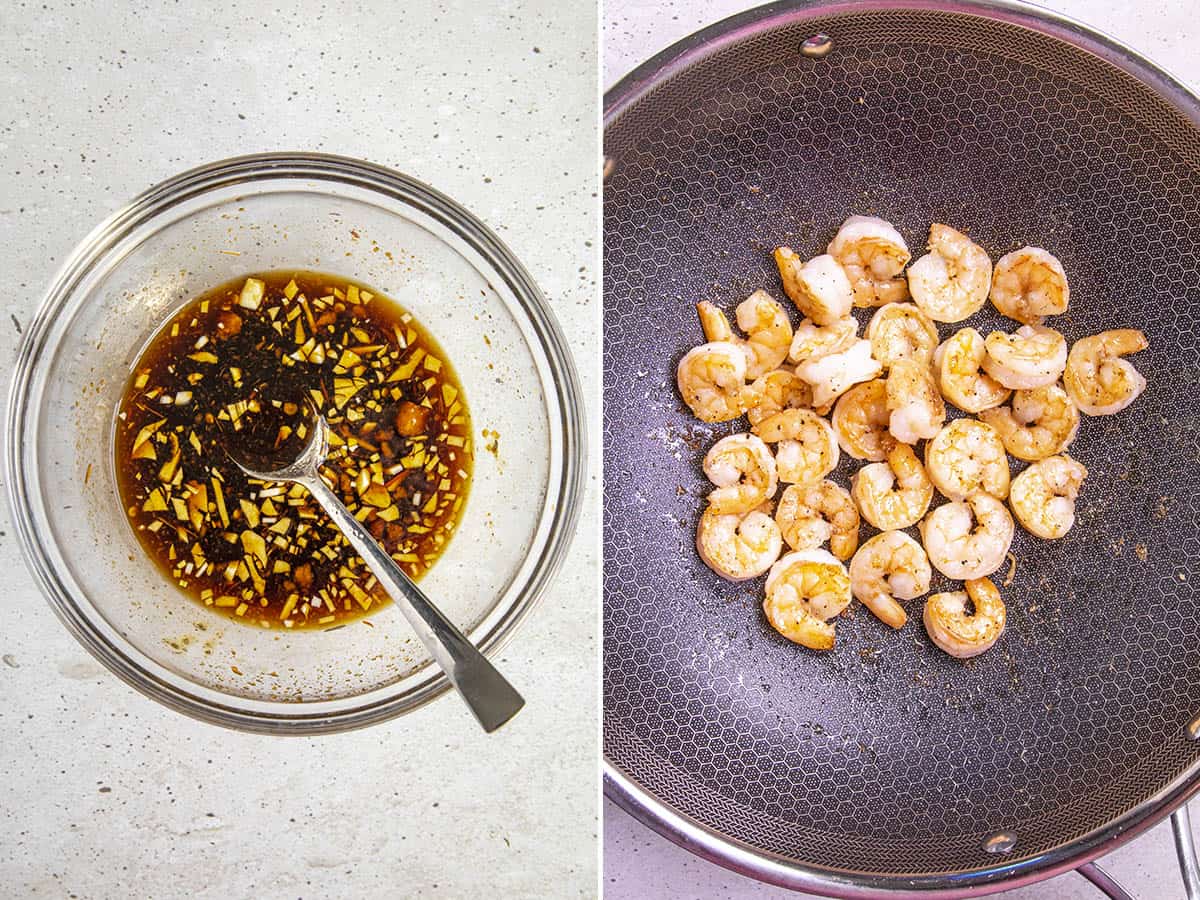 Thai noodle sauce in a bowl and stir frying shrimp in a wok to make Thai Noodles