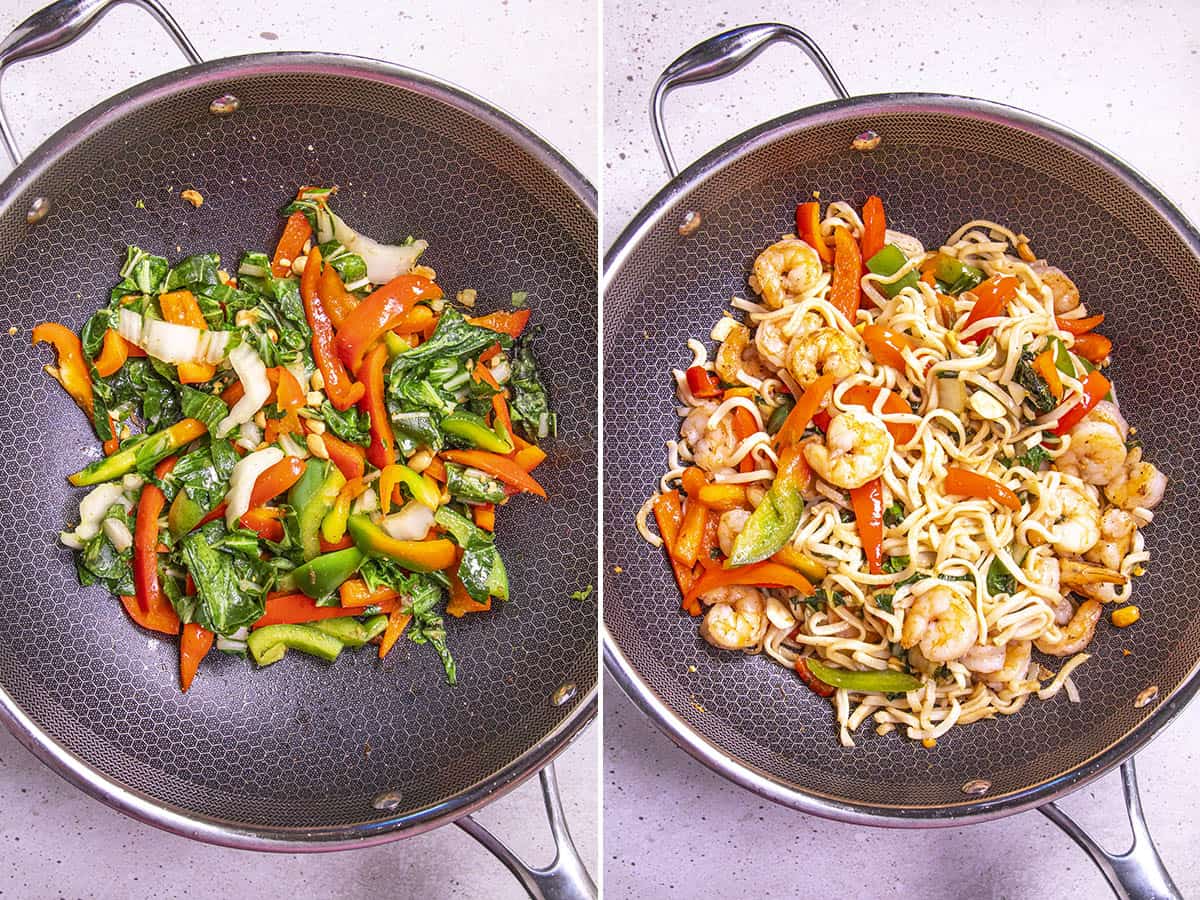 Stir frying vegetables in a wok, then with added shrimp and noodles for Thai Noodles