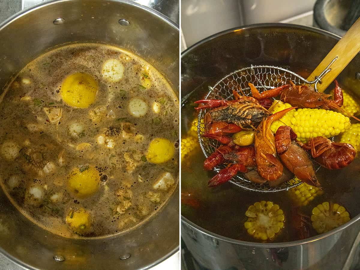 Crawfish, corn and potatoes boiling in a big pot with lots of seasonings