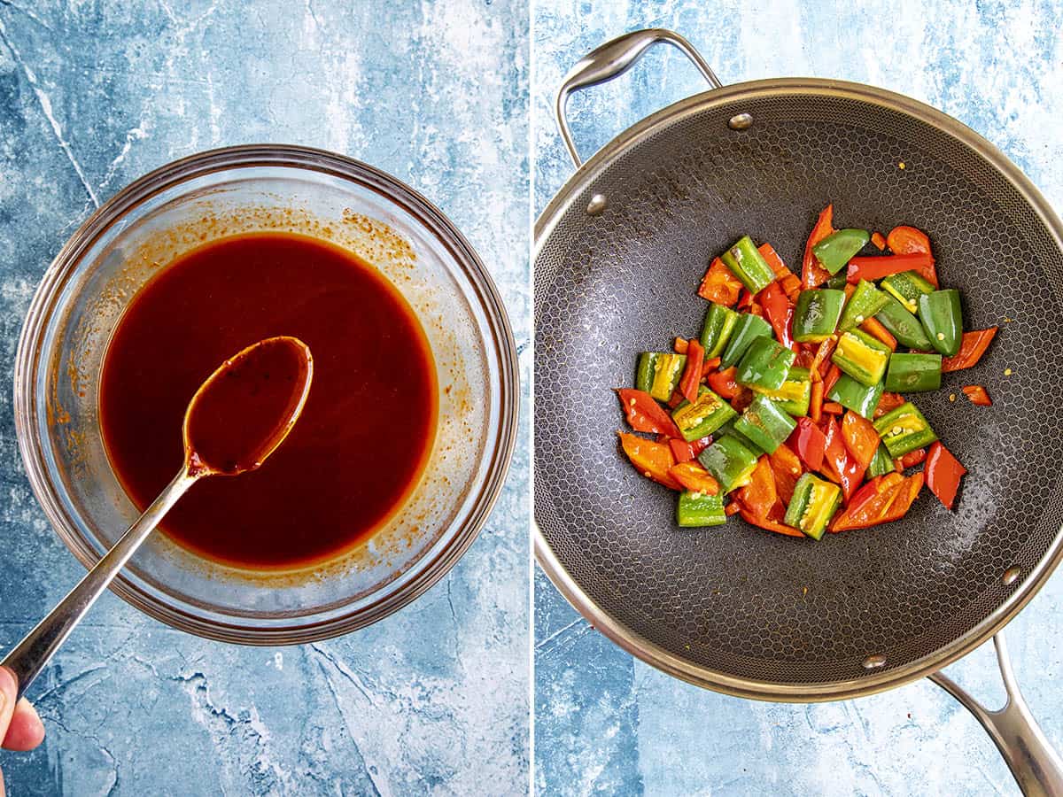 Gochujang sauce in a bowl, and stir frying peppers in a wok to make Gochujang Noodles
