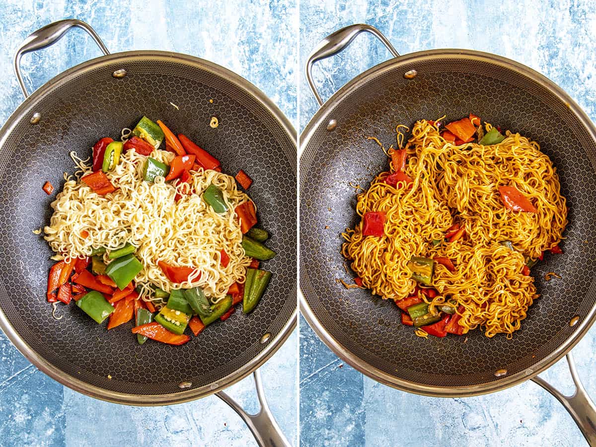 Stir frying noodles and gochujang sauce in a pan with peppers to make Gochujang Noodles