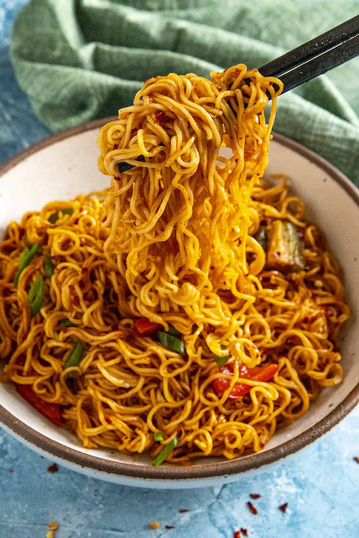 Spicy Gochujang Noodles on chopsticks