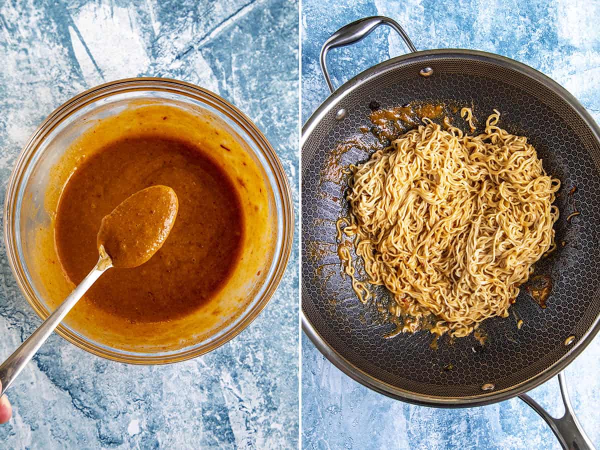 Thai peanut sauce in a bowl, and mixing noodles with the sauce in a wok