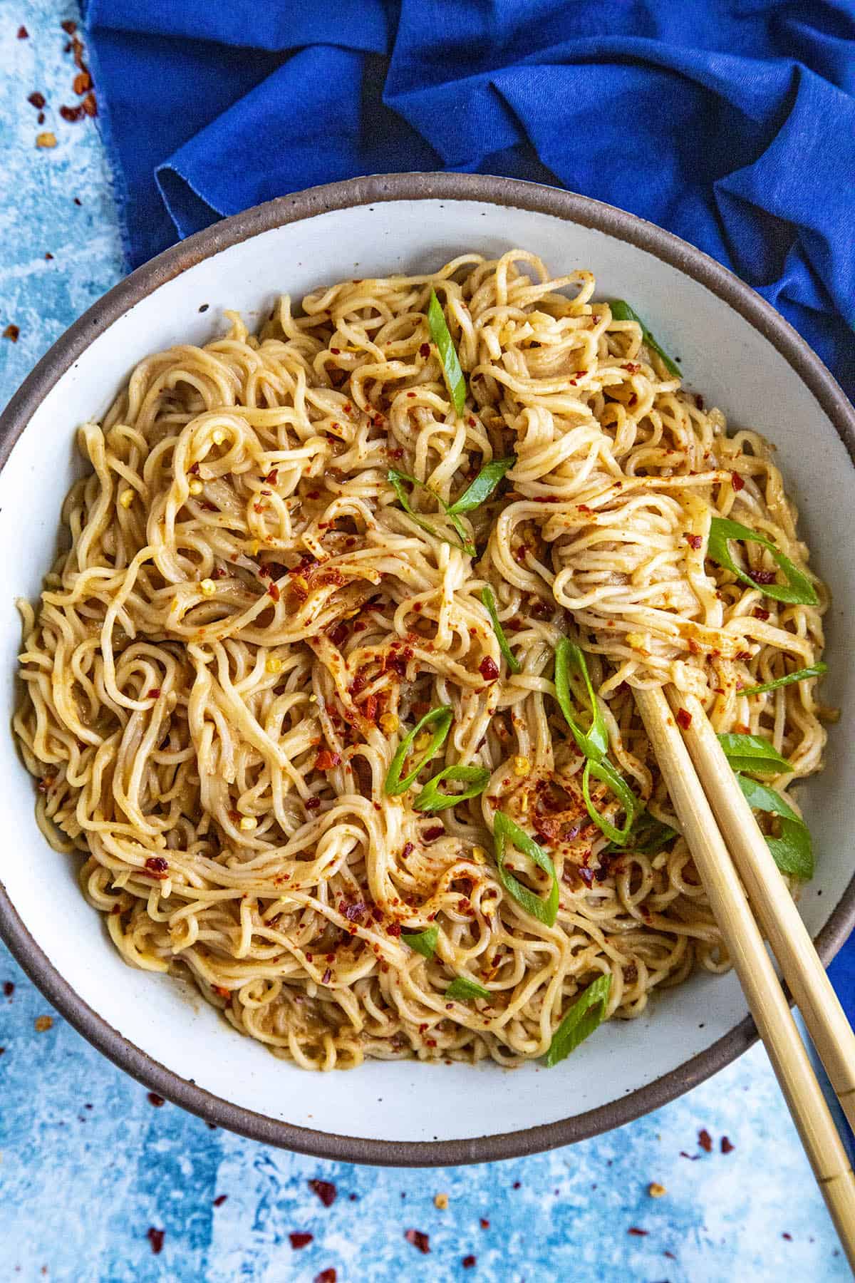 Thai Peanut Noodles in a bowl, ready to serve