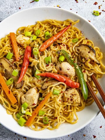 Yakisoba Noodles in a bowl with extra peppers