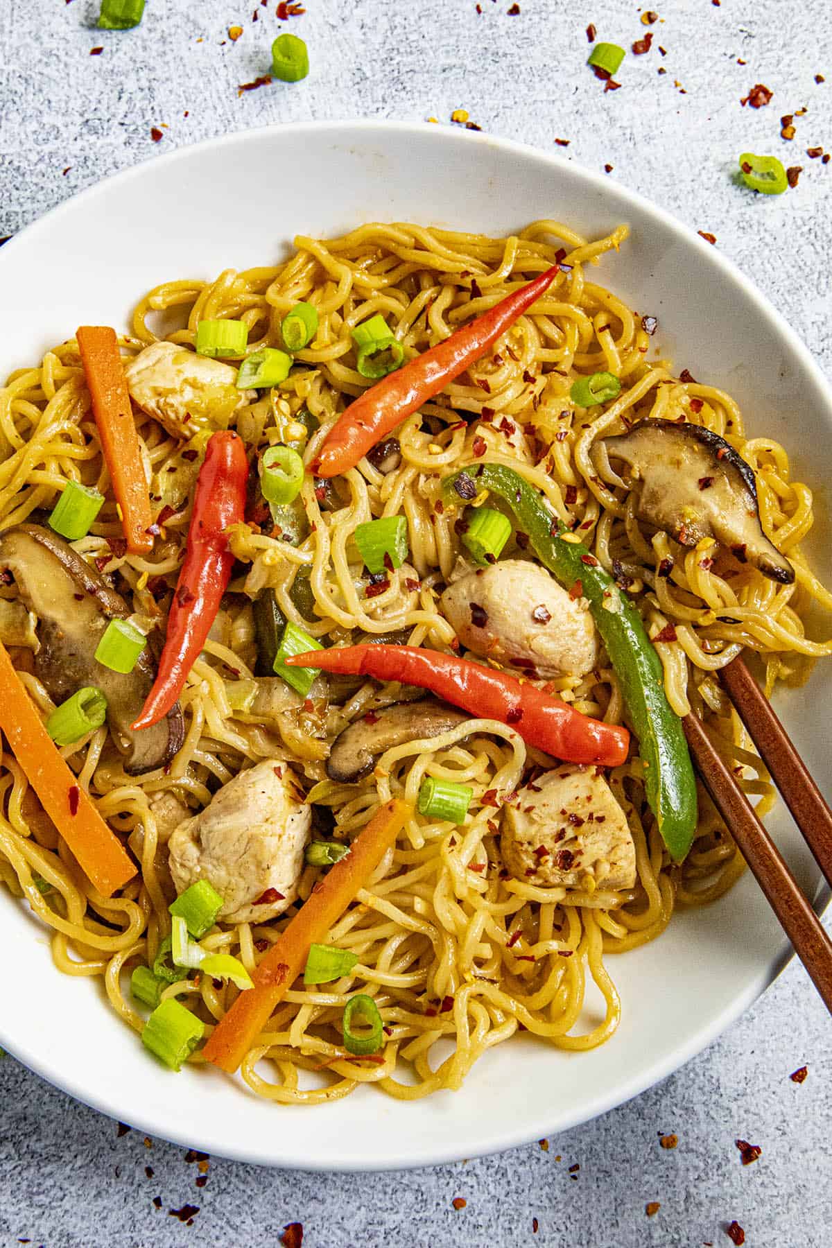 Yakisoba Noodles in a bowl with extra peppers