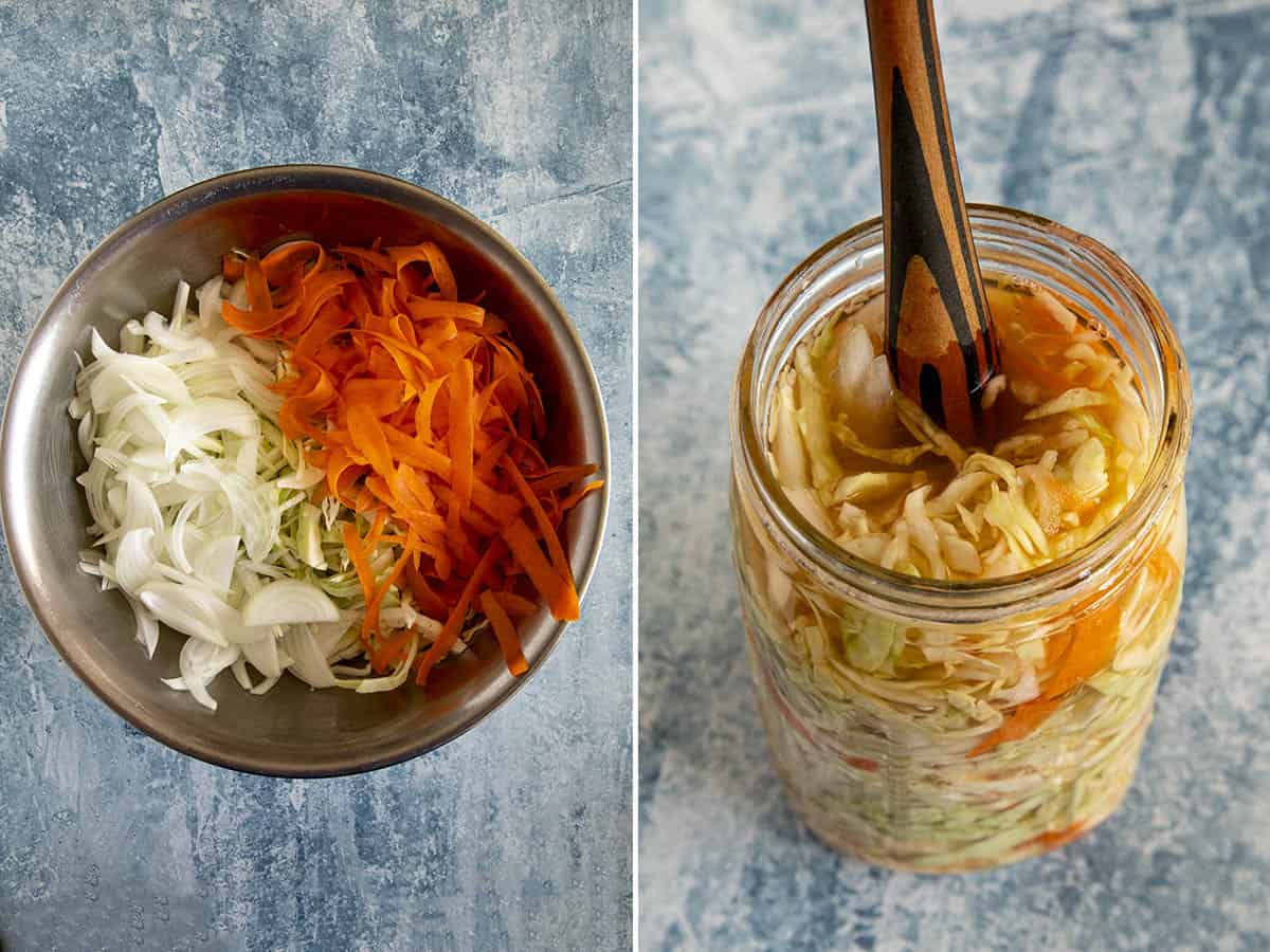 Chopped cabbage, onion, and carrot in a bowl, and tamping them down in a jar to make curtido