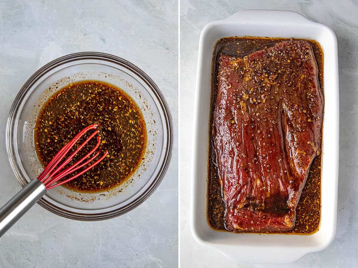 Whisking together flank steak marinade and marinating flank steak in a large dish