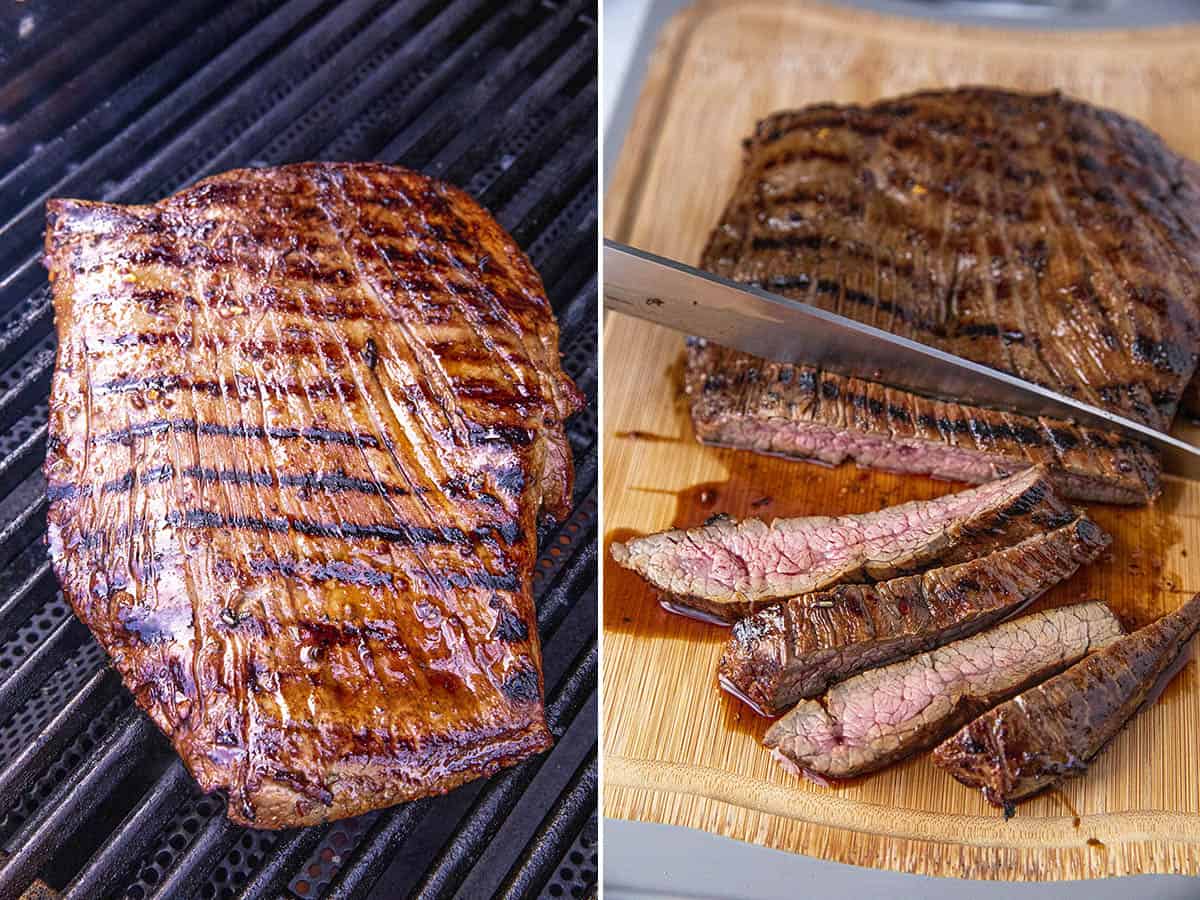 Grilling and slicing marinated flank steak