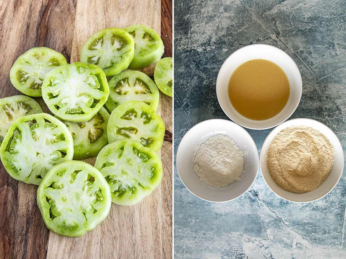 Sliced green tomatoes and 3 bowls set up for breading Fried Green Tomatoes