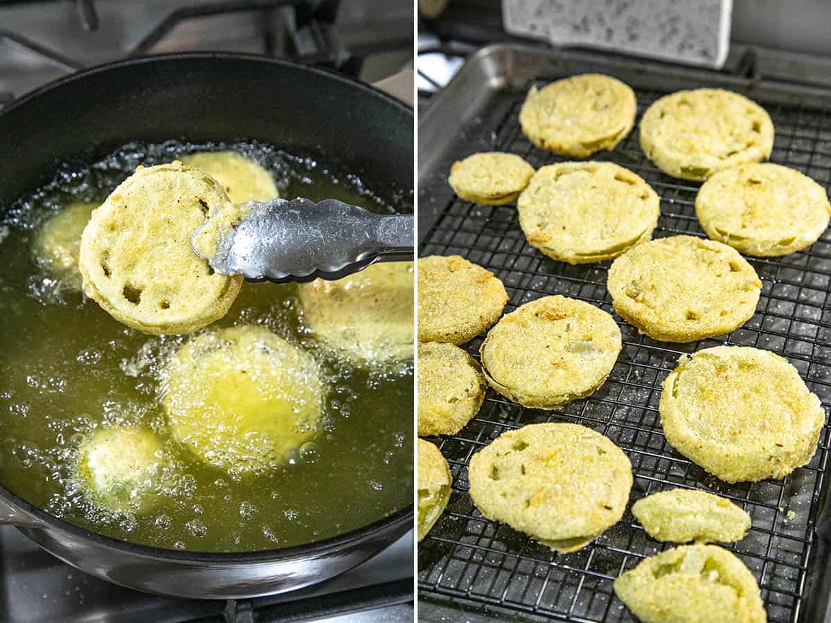 Frying Fried Green Tomatoes and draining them on a wire rack