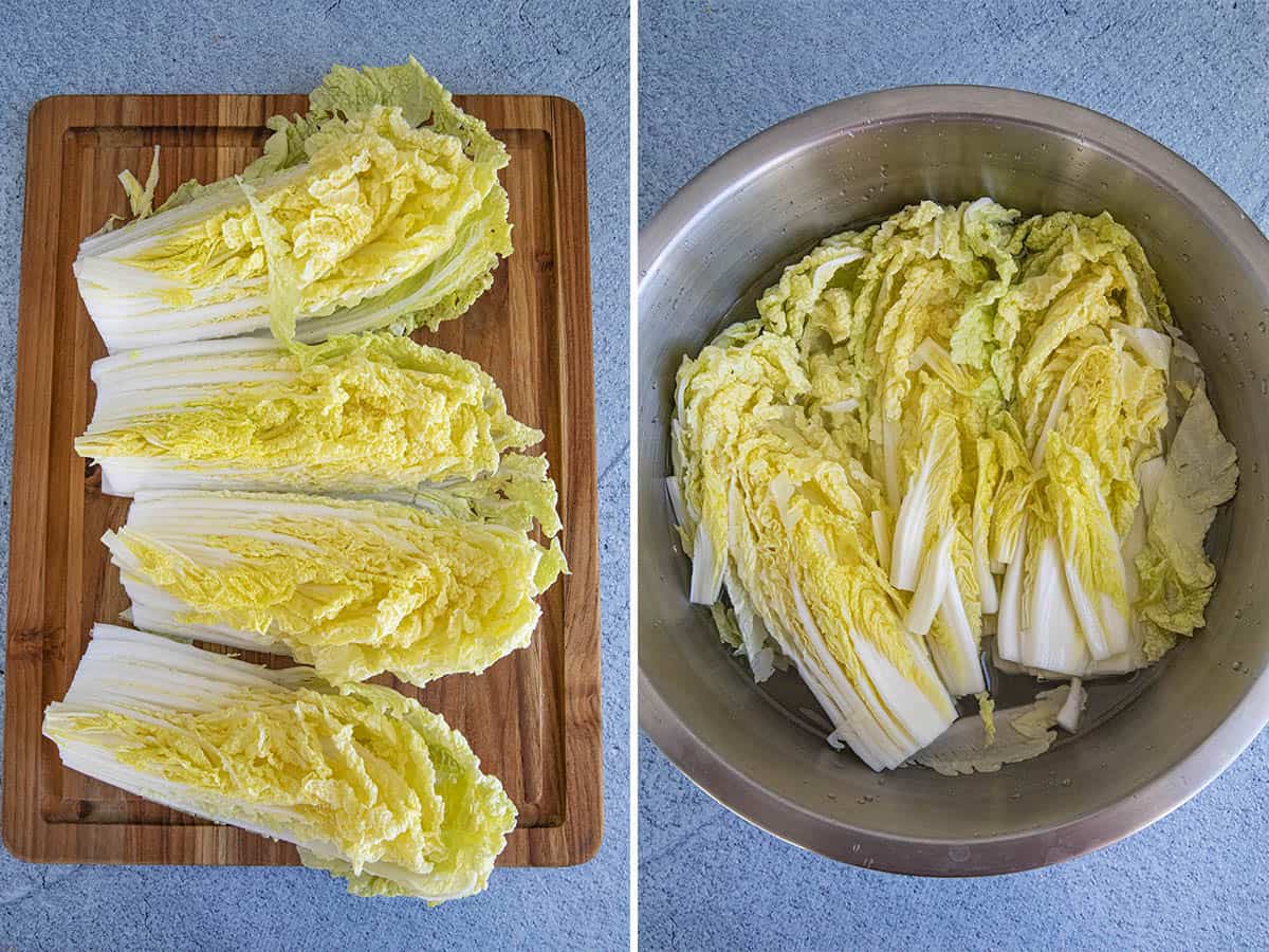 Cut the napa cabbage into quarters, then rinse and brine the cabbage to ferment