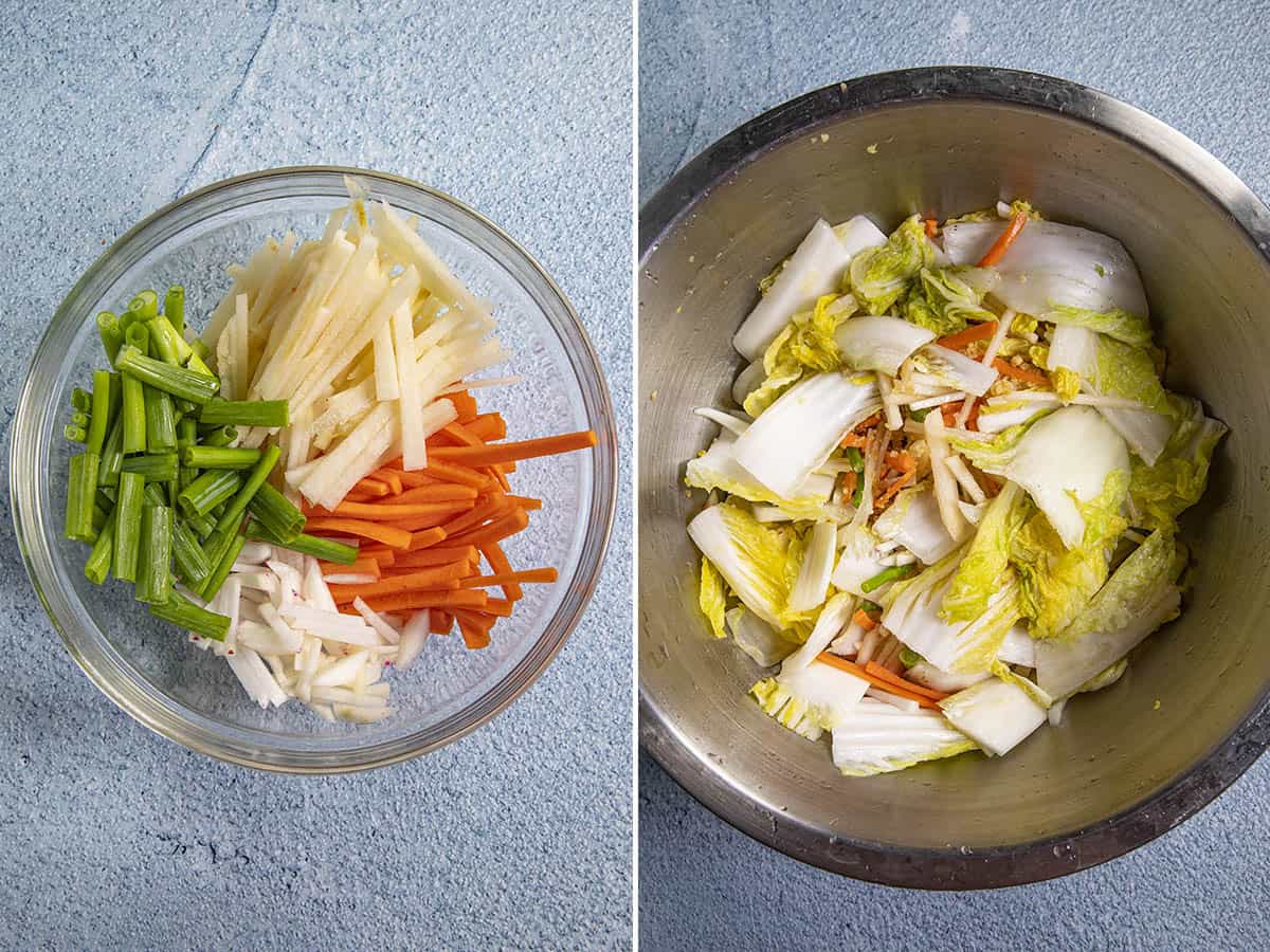 Other vegetables in a bowl to make kimchi, and chopped cabbage and vegetables in a large bowl for making kimchi