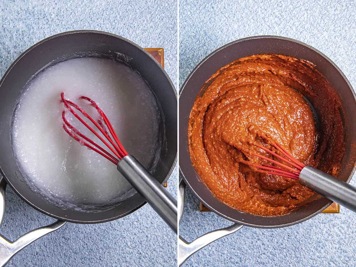 Making the glutinous rice slurry, and mixing the flavorful kimchi sauce