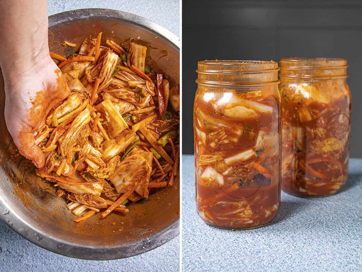 Mike mixing the kimchi sauce into the napa cabbage and other ingredients,  then stuff the kimchi into jars to ferment