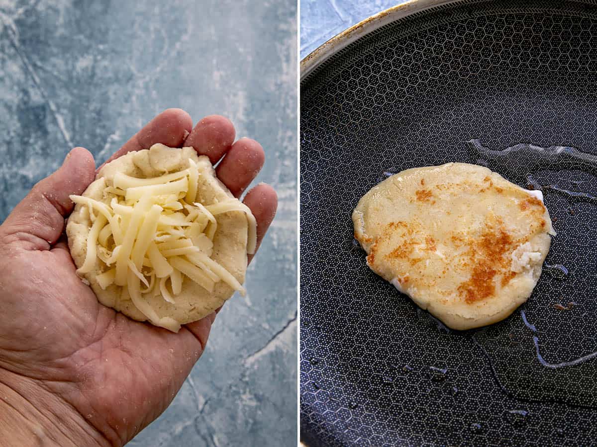 Stuffing pupusas with cheese, then lightly pan frying a pupusa