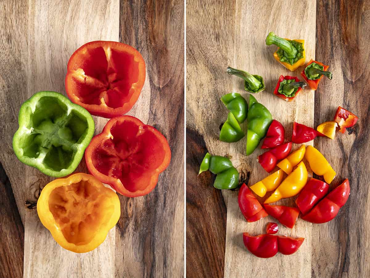 Hollowed and cored bell peppers, and chopped peppers to make stuffed peppers