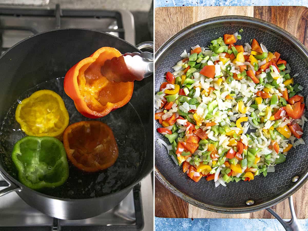 Par cooking bell peppers, and cooking down onion, and chopped peppers to make stuffed peppers