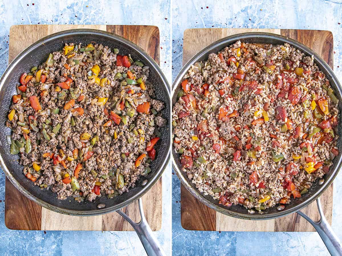 Cooking ground beef with vegetables and rice for the stuffed peppers filling