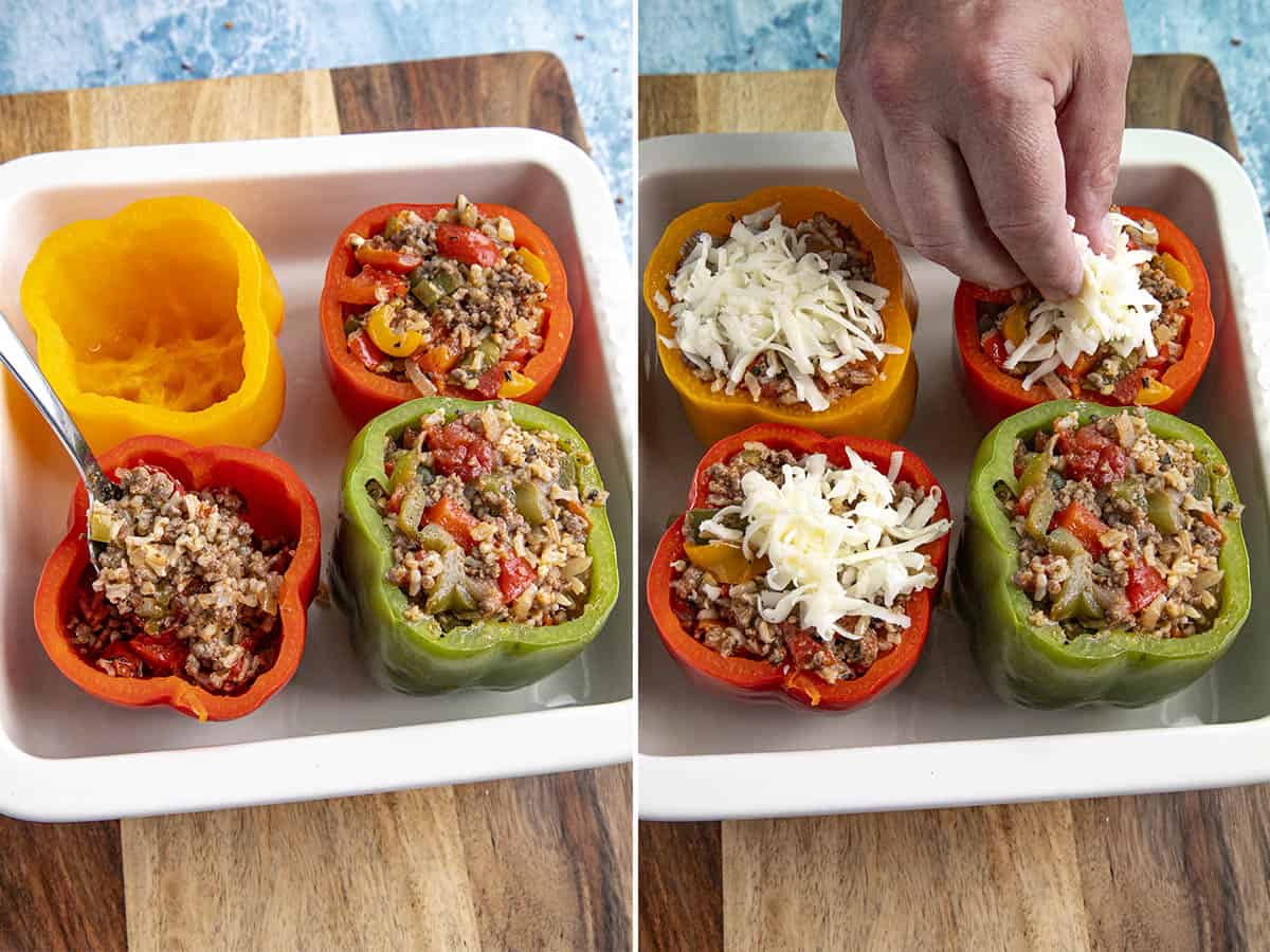 Stuffing cored bell peppers with the meat and rice filling, and topping them with cheese