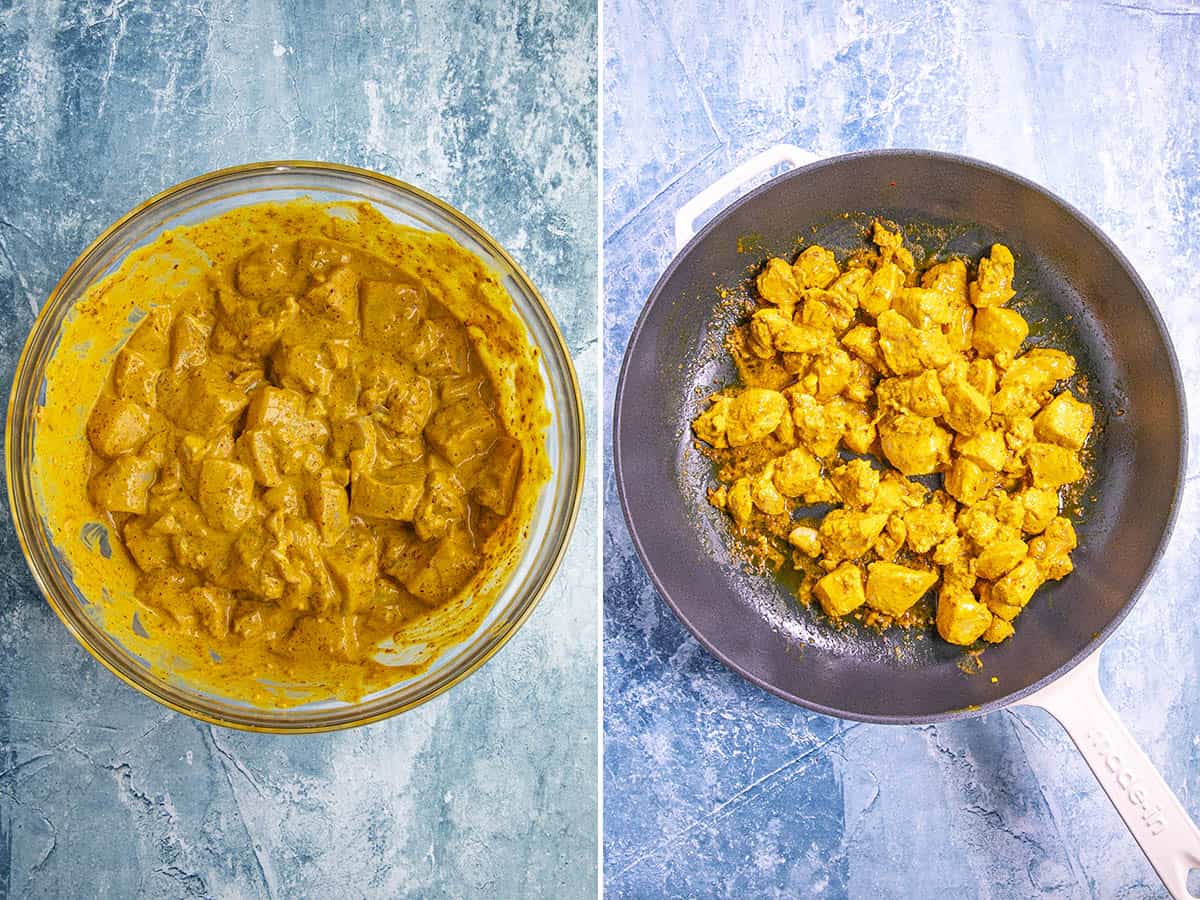 Marinating chicken and cooking up Butter Chicken in a pan