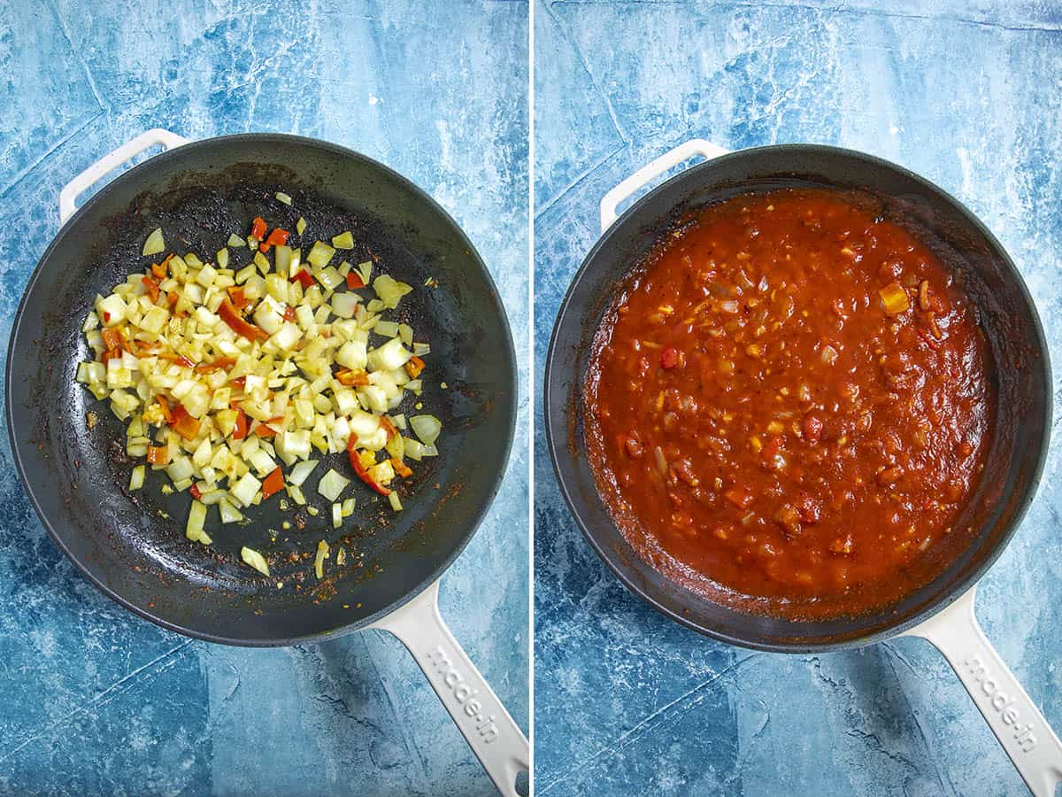 Cooking vegetable and tomato sauce in a pan to make Butter Chicken (Murgh Makhani)