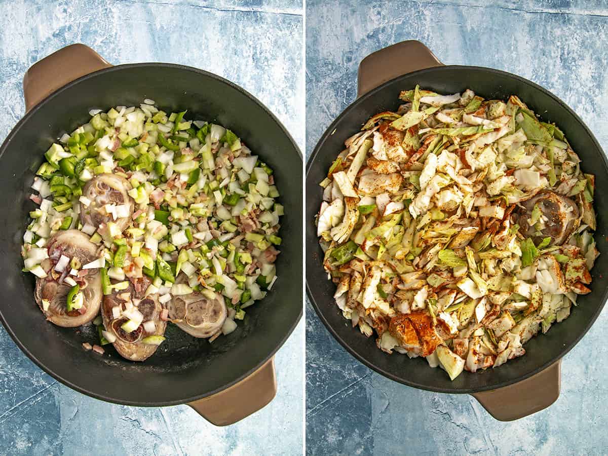 Cooking down ham hocks, vegetables, and cabbage to make cabbage soup