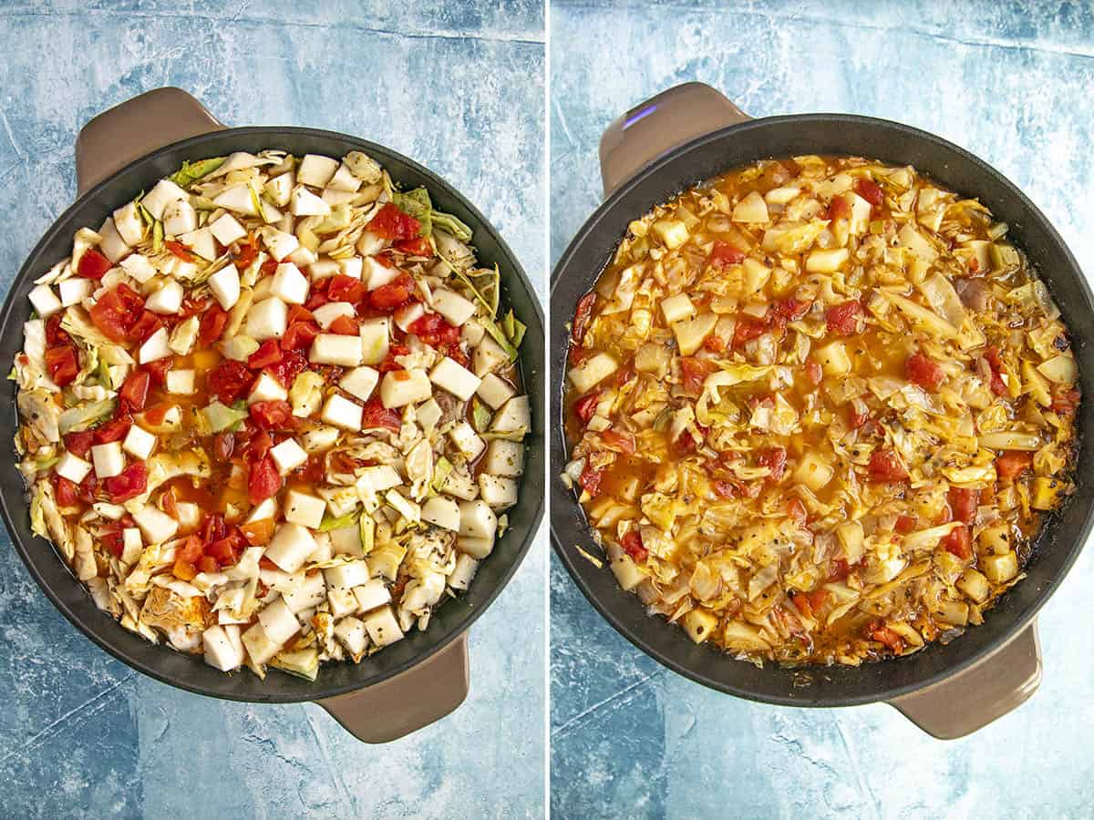 Adding potato and simmering the cabbage soup in a large pot