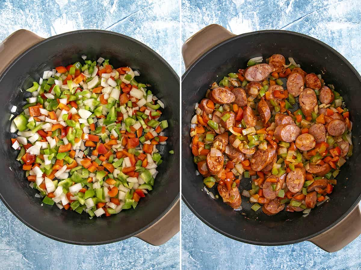Cooking down vegetables in a pot, then adding smoked sausage to make chicken bog