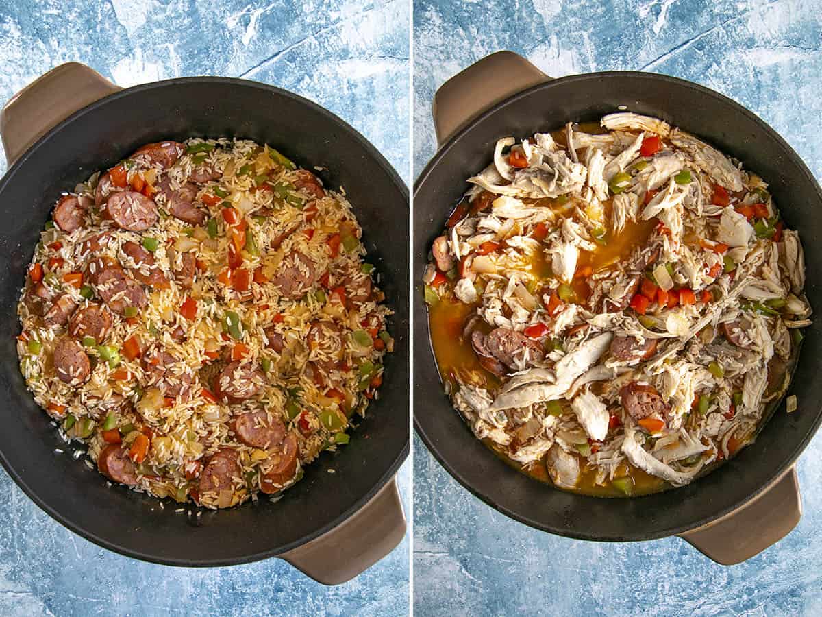 Adding rice and simmering chicken bog in a pot