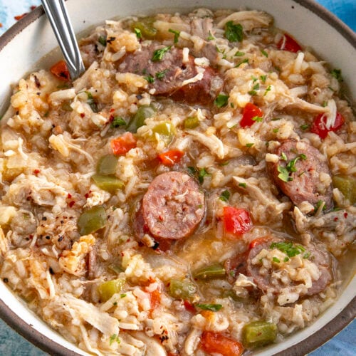 Chicken Bog in a large bowl with a spoon