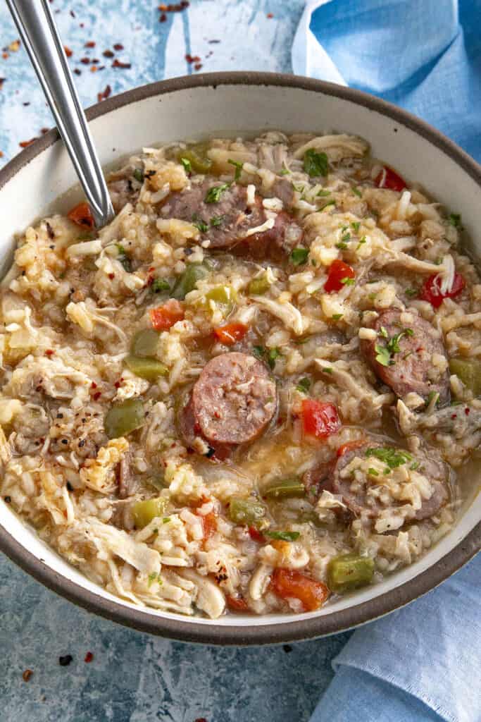 Chicken Bog in a large bowl with a spoon