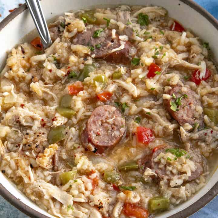 Chicken Bog in a large bowl with a spoon
