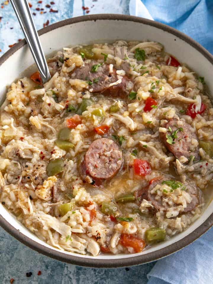 Chicken Bog in a large bowl with a spoon