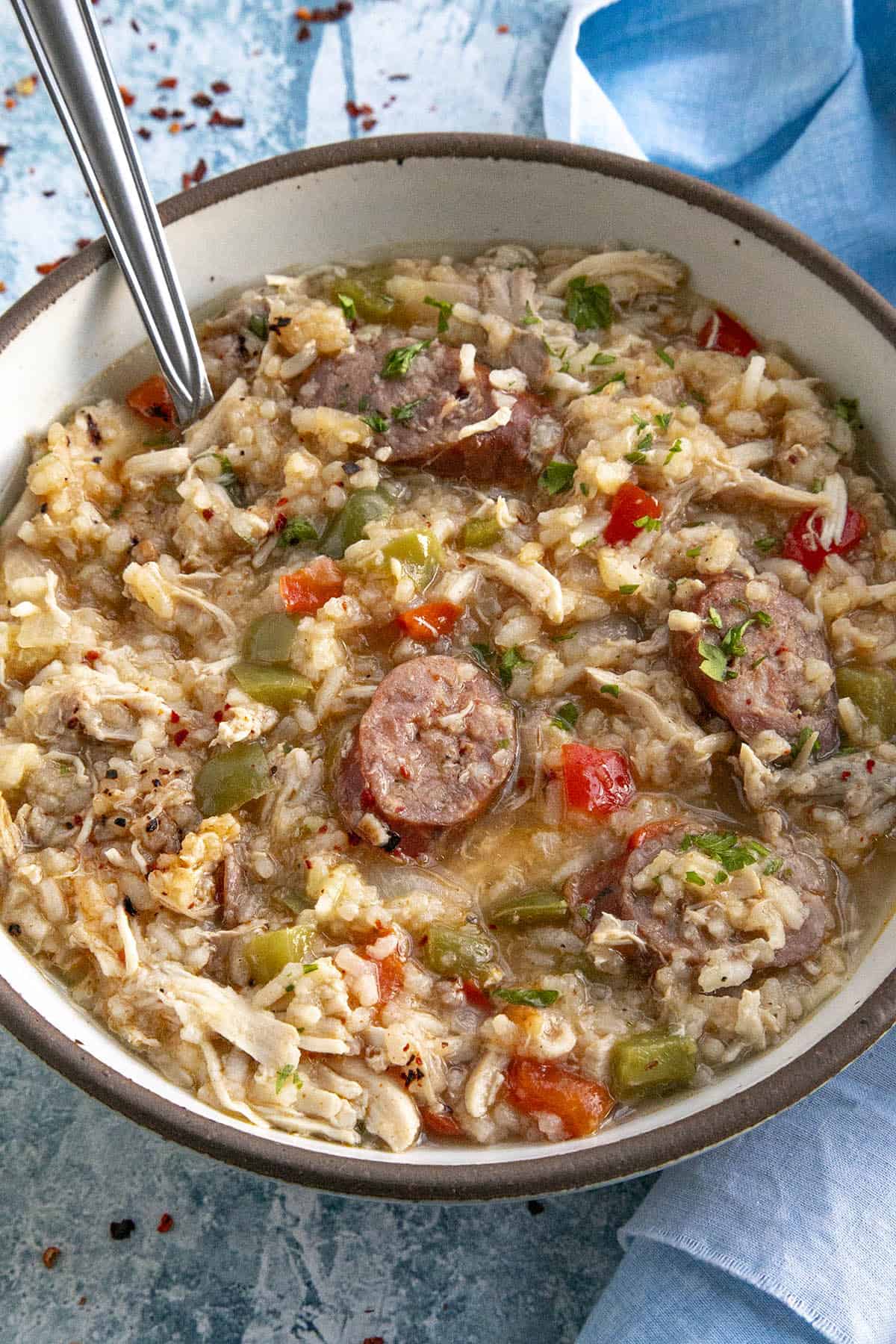 Chicken Bog in a large bowl with a spoon