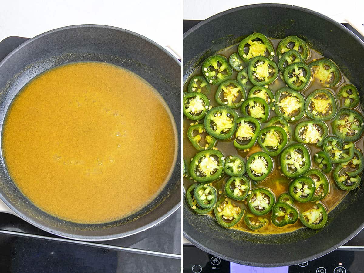 Spicy syrup in a pan, and adding jalapeno slices to the syrup to make candied jalapenos (cowboy candy)