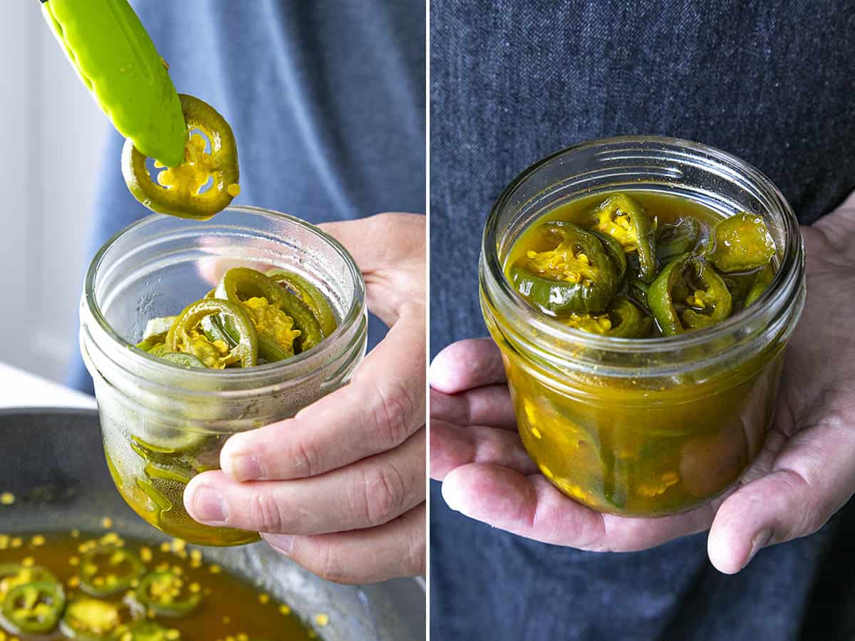 Mike adding candied jalapenos to a jar