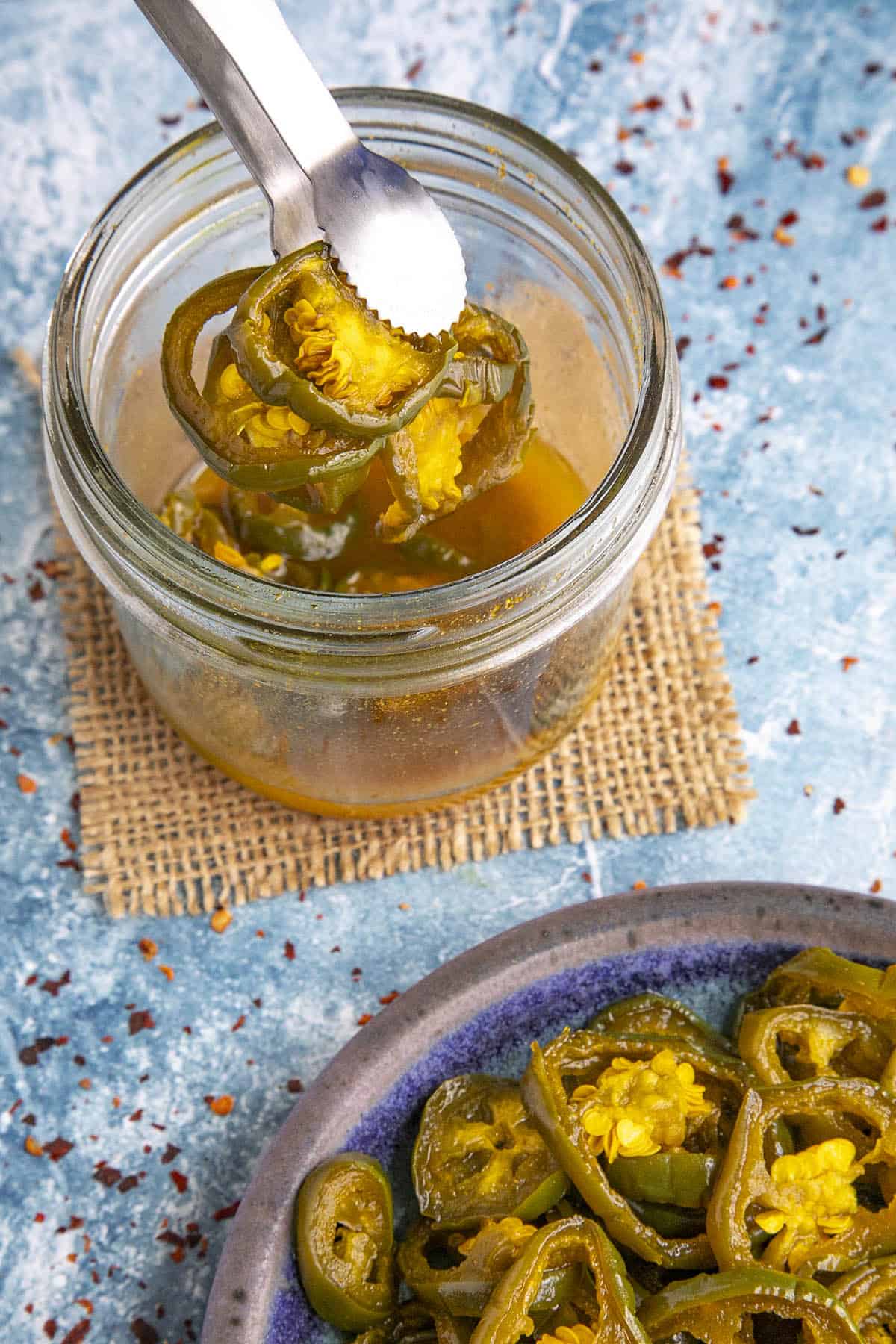 Picking Candied Jalapenos (Cowboy Candy) from a jar