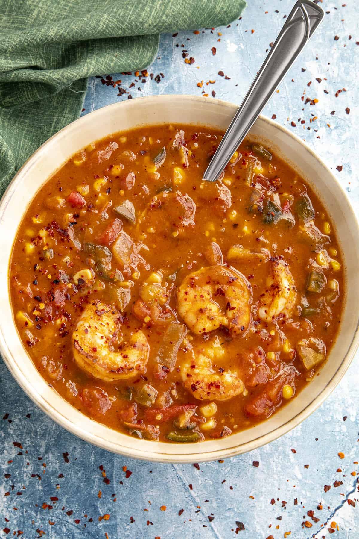 Creole Tomato and Shrimp Stew in a bowl, ready to serve