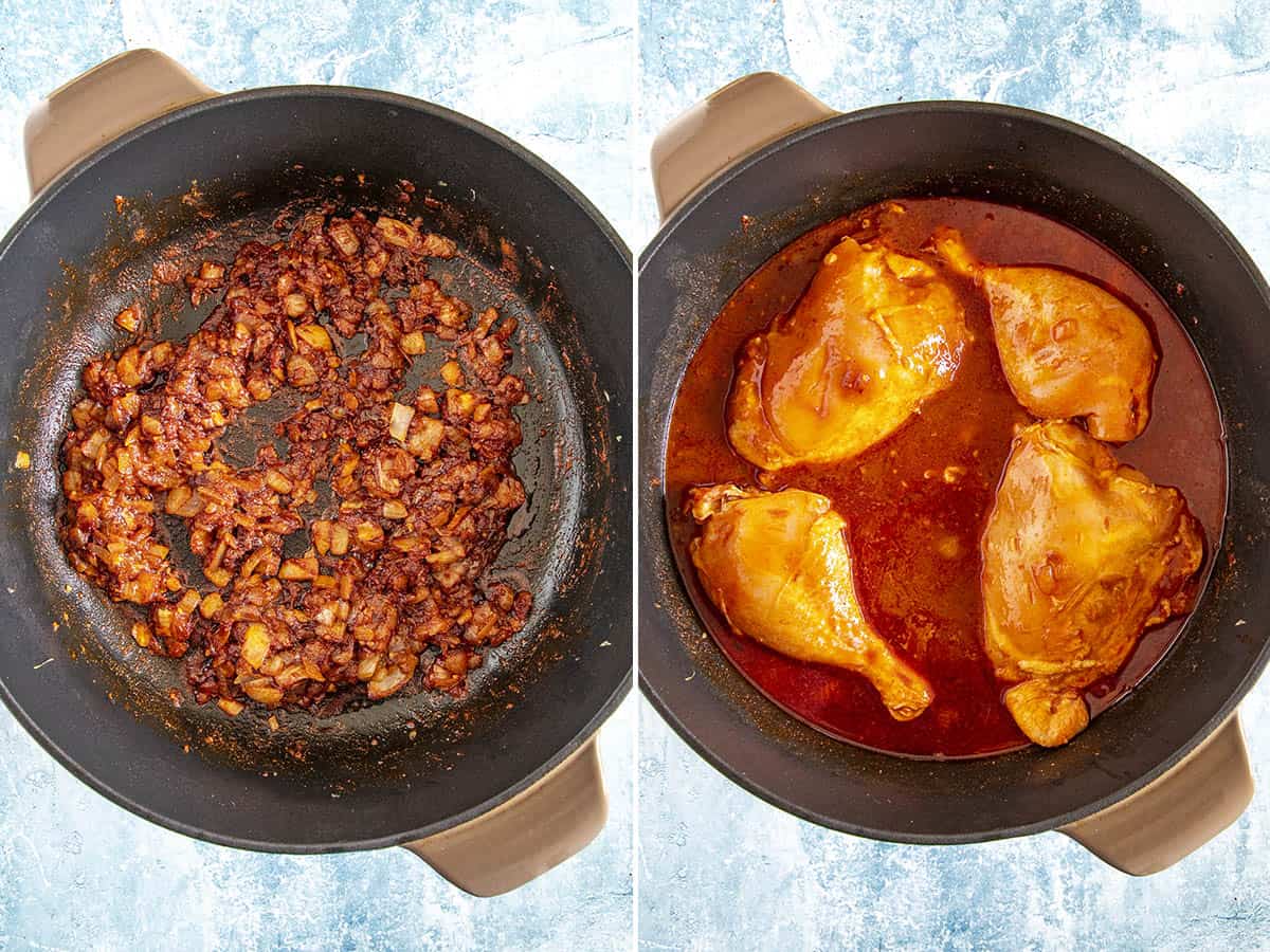 Cooking vegetables and berbere spice in a pot, then simmering chicken to make Doro Wat (Ethiopian Chicken Stew).