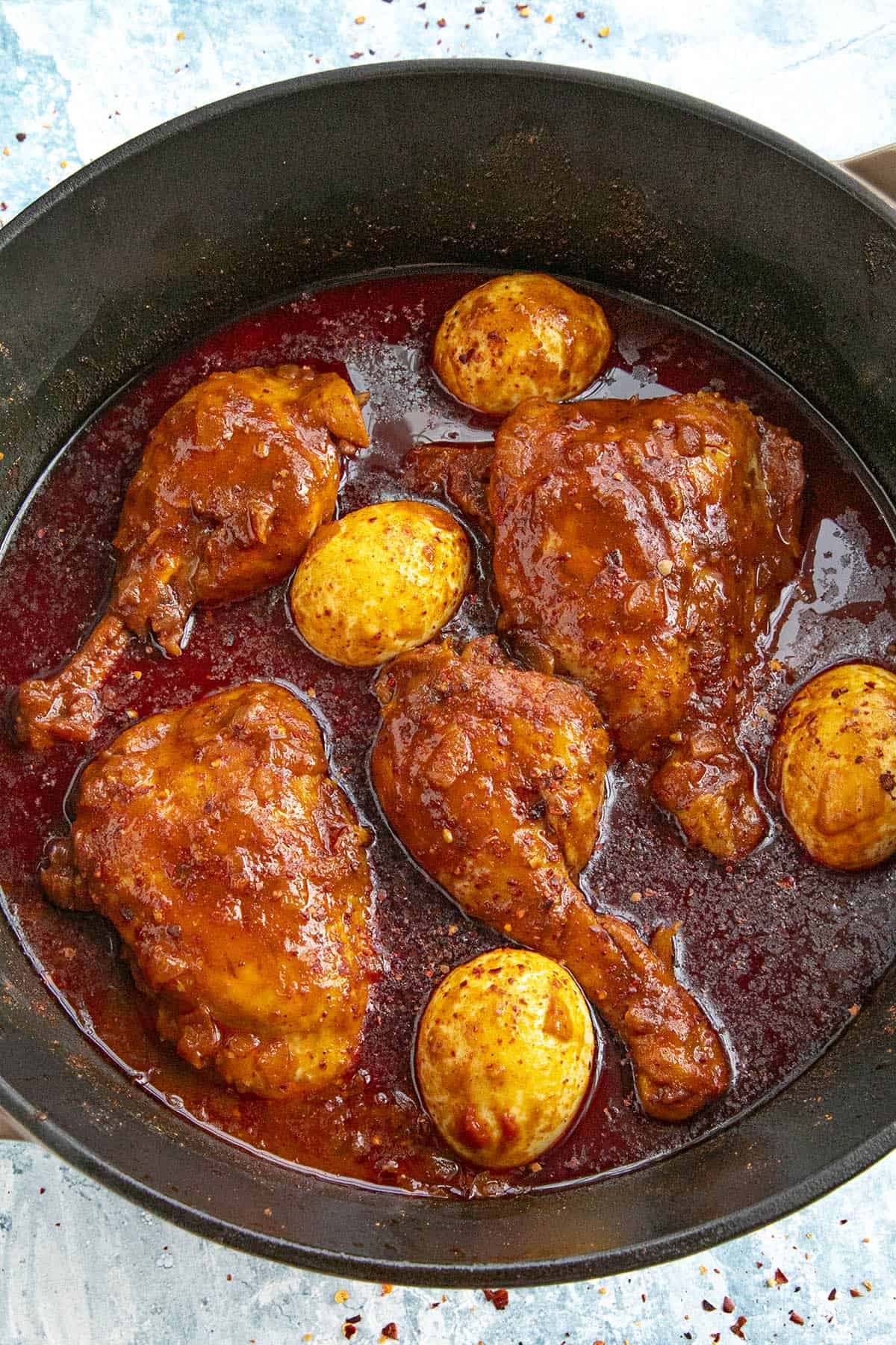 A pot of Doro Wat (Ethiopian Chicken Stew) ready to serve.