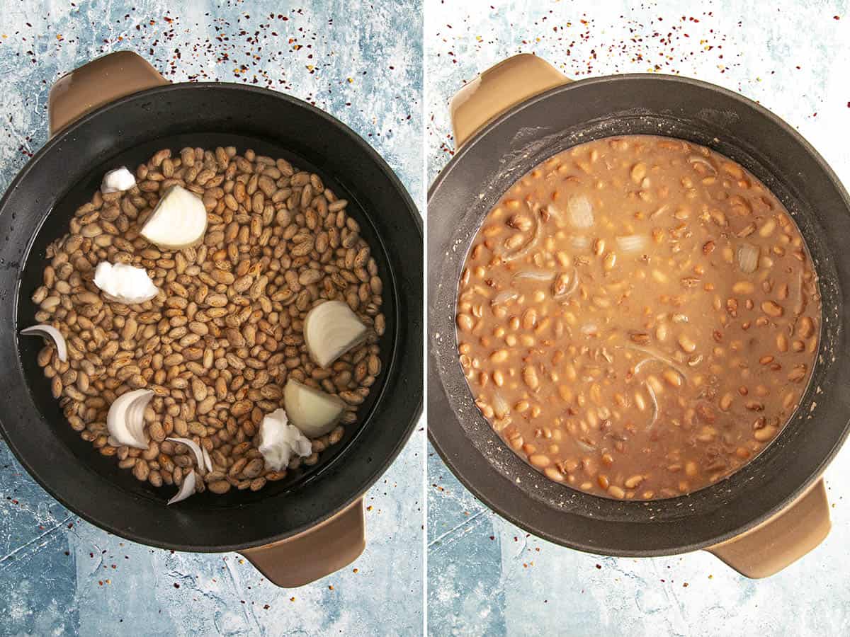 Cooking the softened beans with onion and lard to make Homemade Refried Beans