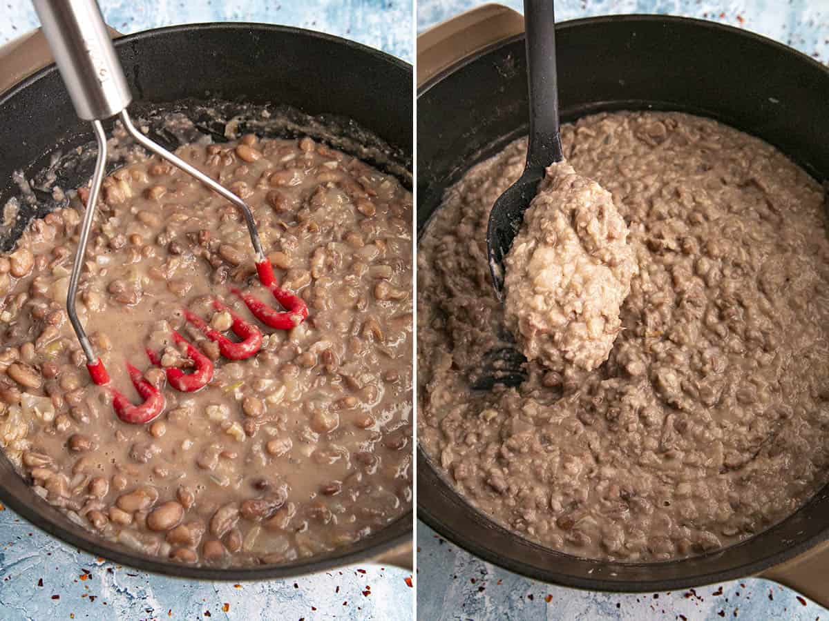 Mashing Homemade Refried Beans in the pot