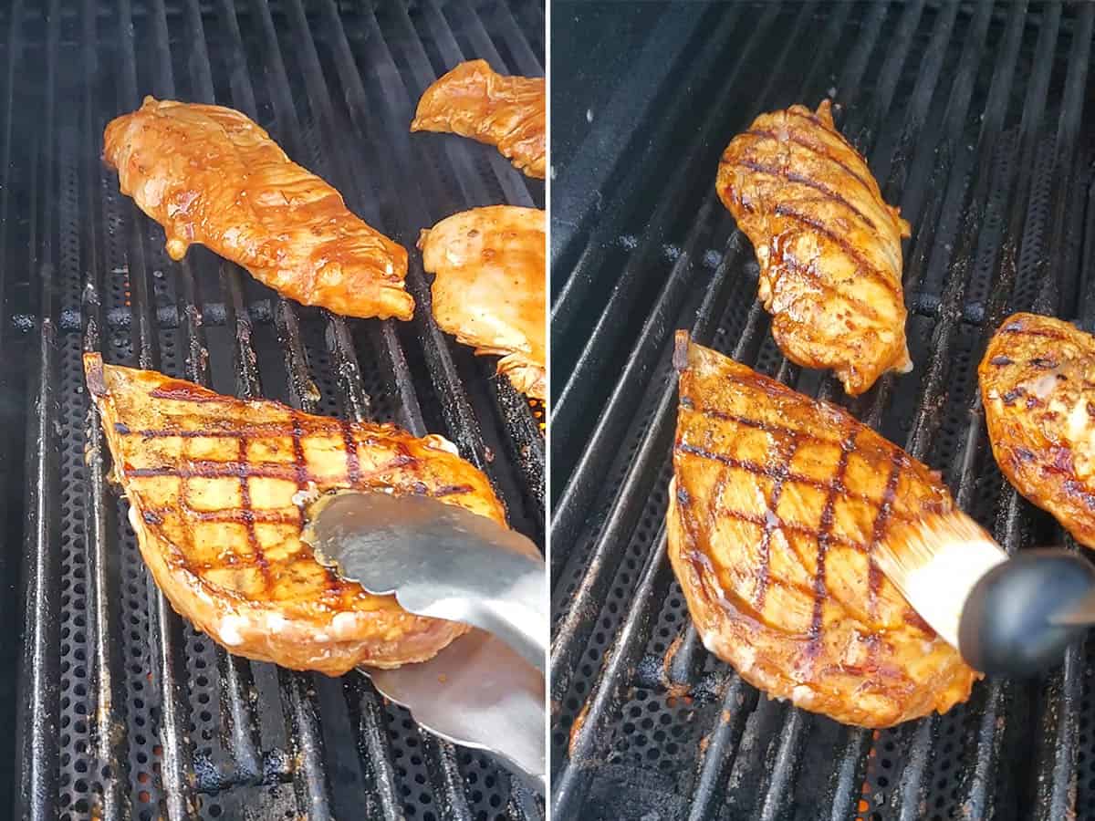 Grilling chicken and brushing it with honey sriracha sauce