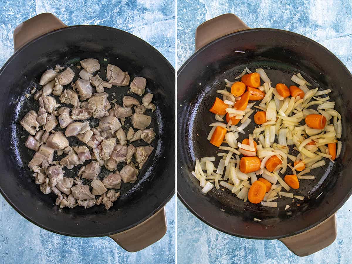 Cooking chicken, onions, and carrots in a pan to make Japanese curry