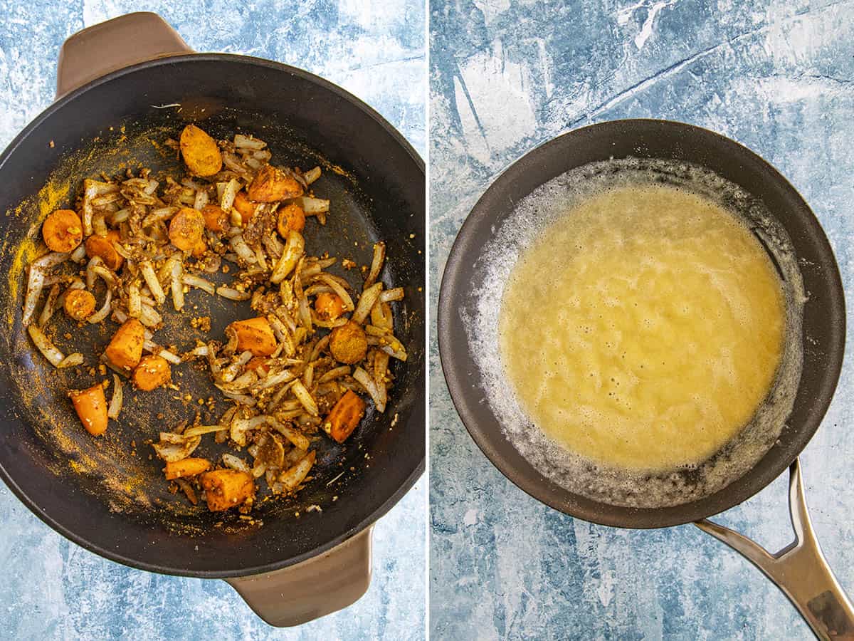 Cooking spices in a pan with onions and carrots, and a roux to thicken the Japanese curry