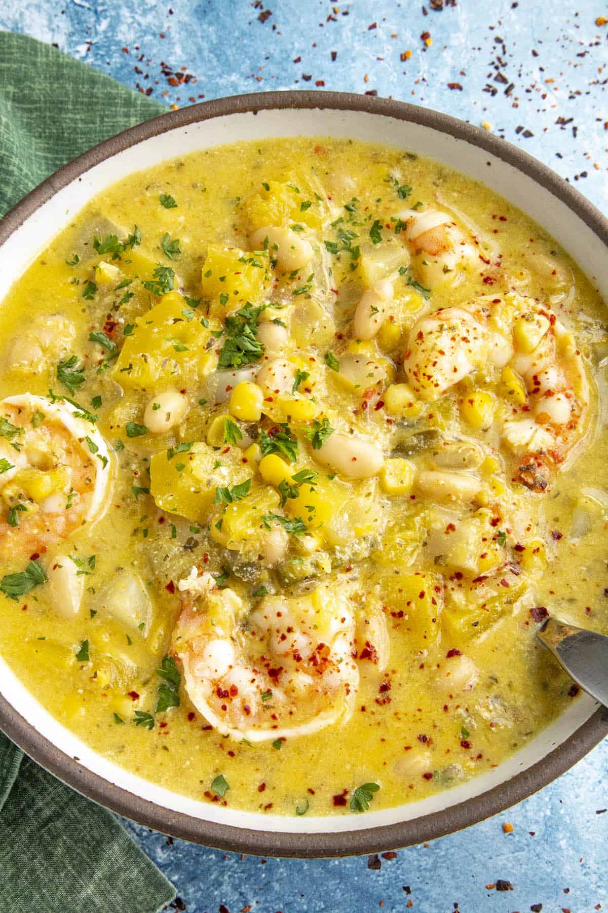 Peruvian Squash Stew with shrimp in a bowl, ready to serve