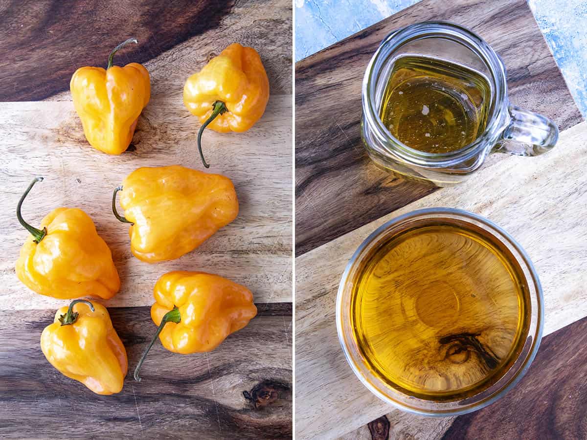 Habanero peppers, apple cider vinegar, and beer, for making spicy mustard
