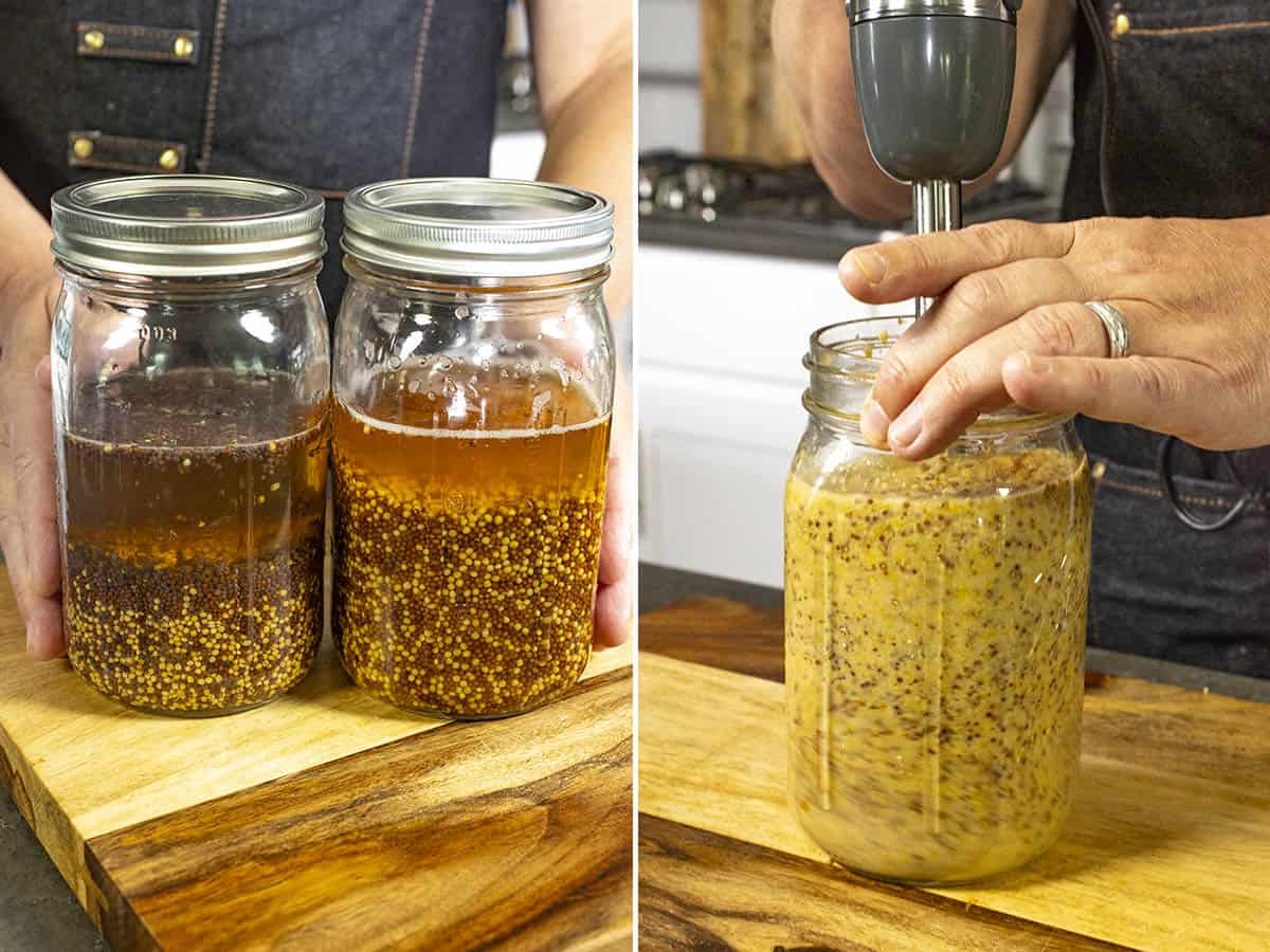 Soaking mustard seeds, then processing them to make spicy mustard